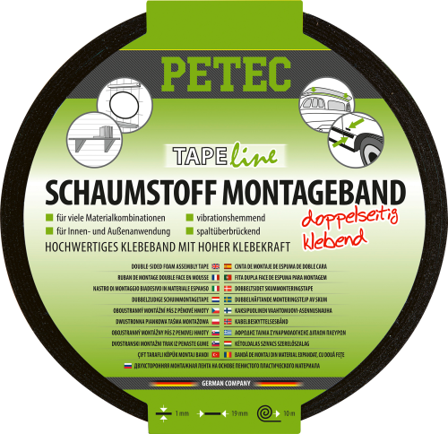 Petec Schaumstoff-Montageband doppelseitiges Klebeband 10 m x 19 mm x 1 mm - Klebstoffe & Dichtmittel