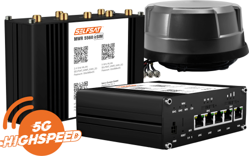 SELFSAT MWR 5560 WLAN Router eSIM 5G Cat 20 bis 3,4 Gbps inklusive Panorama Antenne schwarz - 5G-/LTE-Antennen