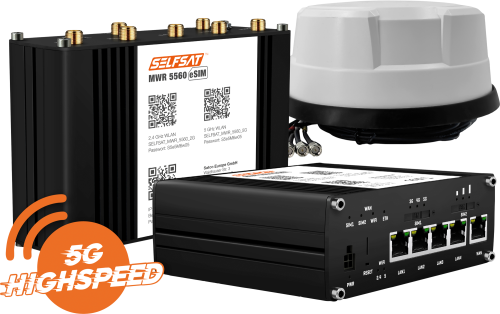 SELFSAT MWR 5560 WLAN Router eSIM 5G Cat 20 bis 3,4 Gbps inklusive Panorama Antenne weiß - 5G-/LTE-Antennen