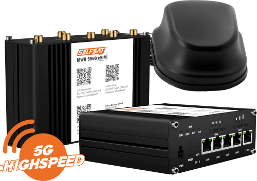 SELFSAT MWR 5560 WLAN Router eSIM 5G Cat 20 bis 3,4 Gbps inklusive SELFSAT 5G Antenne schwarz - 5G-/LTE-Antennen