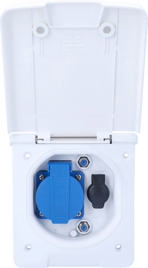 Schwabe Caravan Vorzelt-Multifunktionssteckdose inkl 1x Schutzkontaktsteckdose 230 V / 1x Steckdose 12 V /  2x SAT-Steckdosen weiß - 230 V Steckdosen von AS-Schwabe