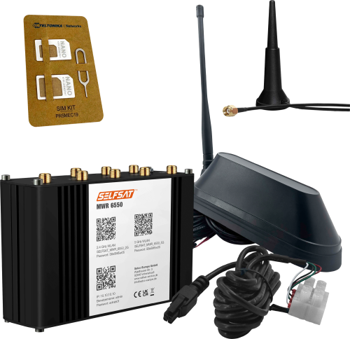 Selfsat MWR 6550 5G Cat 19 WiFi 6 WLAN Router mit SHARK 5G Dachantenne schwarz bis 3,4 Gbps - Router-Sets