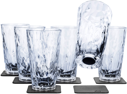 Silwy Longdrink Magnet-Kunststoffgläser inkl. metallische Gel-Untersetzer 6 Stück Transparent (300 ml) - Gläser