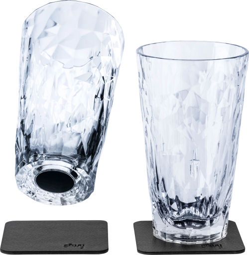Silwy Magnet-Longdrink-Kunststoffgläser Transparent inkl. metallischem Gel-Untersetzer 2 Stk. (300 ml) - Gläser