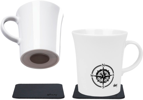 Silwy Porzellan Magnet-Henkel-Tassen REISELUST 2er-Set inkl. Metall-Nano-Gel-Pads BLACK (0,27 l) - Becher & Tassen