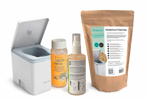 Trelino Evo L Trenntoilette inkl. Holy Shine Bio Active 100 ml / Liquid Fresh 100 ml / Trenntoilettenstreu 1,2 Liter weiß - Trenntoiletten
