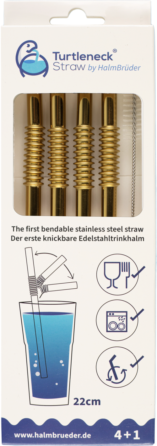 Turtleneck Straw Biegsamer Trinkhalm aus Edelstahl 4 Stück / 22 cm inklusive Reinigungsbürste Gold - Sonstiges Küchenzubehör von Nuts Innovations