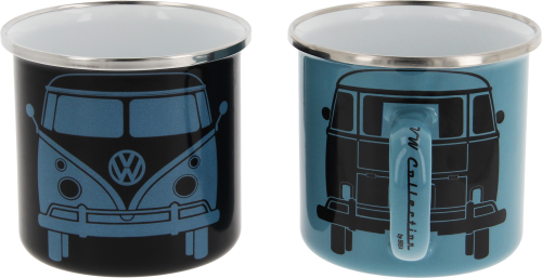 VW Collection T1 Bus Emaille Tassen Set 2 Stück 350 ml Schwarz / Petrol - Becher & Tassen