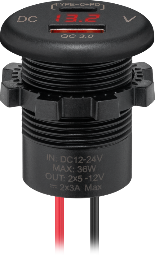 Wentronic Dualer Einbaucharger USB-A und USB-C mit Schnellladetechnik und LED- Anzeige 12 V / 24 V  - 12 / 24 V Einbausteckdosen