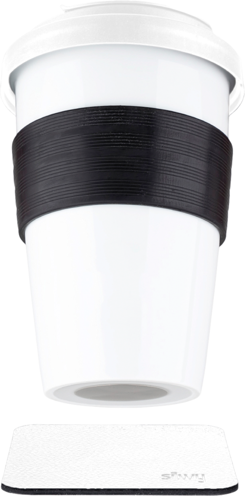 silwy® To-Go-Cup Porzellan Becher mit Deckel inkl. Metall-Nano-Gel Pad Untersetzer (350 ml) - Für Kaffee- & Teetrinker