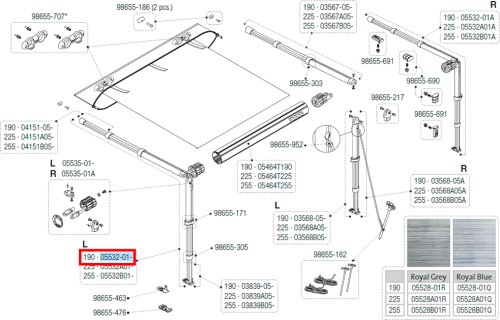 Fiamma Spannstange mit Stützfuß links für Markise Caravan Store 190 Ersatzteilnummer 05532-01- - Ersatzteile Fiamma Markisen