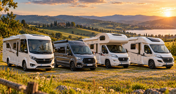 Vier Wohnmobile im goldenen Abendlicht