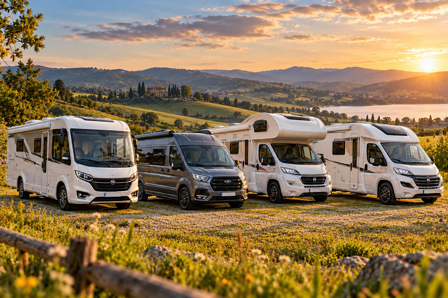 Vier Wohnmobile im goldenen Abendlicht
